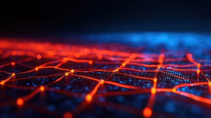 A vibrant, abstract network of glowing lines and nodes in red and blue, creating a futuristic digital landscape.