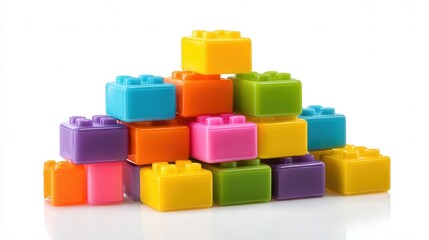 Colorful plastic toy blocks stacked in creative formation isolated on white background