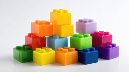 Obraz premium Colorful plastic toy blocks stacked in creative formation isolated on white background