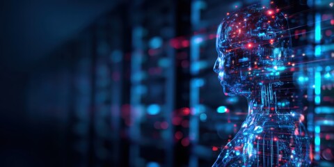 A futuristic digital representation of a humanoid figure surrounded by abstract technology elements in a dark environment.