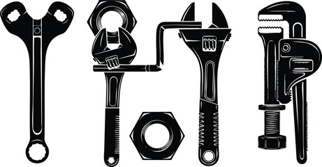 Black silhouettes of open end wrench pipe wrench adjustable wrench hex nut and monkey wrench vector tool icons isolated on white background collection