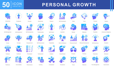 Personal Growth icon set featuring Inspiration, Mindset, Reflection, Feasibility, Emotional Intelligence, and Evolve. Perfect for motivation and self development.