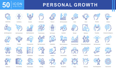 Personal Growth icon set featuring Authenticity, Confidence, Success, Mindfulness, and Patience. Perfect for motivation and self development.