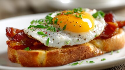 Fried egg, crispy bacon, and chopped parsley on golden toast, ready for breakfast or brunch