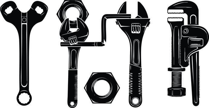 Black silhouettes of open end wrench pipe wrench adjustable wrench hex nut and monkey wrench vector tool icons isolated on white background collection