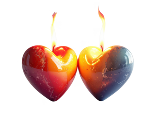 3D render of two heart-shaped candles with merged flames,white background