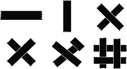 Black adhesive tape icons in six different shapes including cross strips vertical horizontal and woven style isolated on white background vector art