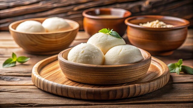 Wooden bowl with neatly shaped fufu inside, presented on rustic wooden tray. Traditional african fufu meal prepared with fresh ingredients, garnished with mint leaves.