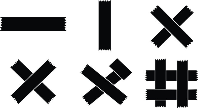 Black adhesive tape icons in six different shapes including cross strips vertical horizontal and woven style isolated on white background vector art