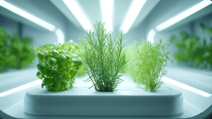 Green Life Cultivation: A vibrant array of fresh herbs flourish under the controlled glow of an indoor cultivation system, highlighting the possibilities of sustainable agriculture.