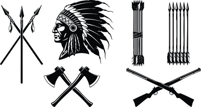 Black silhouette design of native american chief with feather headdress crossed axes and rifles with spears and arrows in flat style isolated on white background