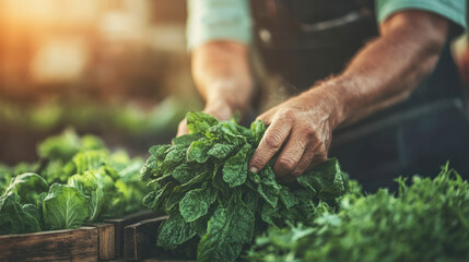 Farmer hands harvesting fresh leafy greens