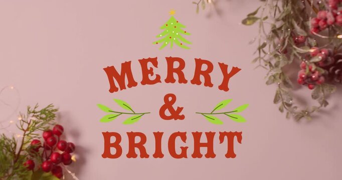 Animation of merry and bright text banner with christmas tree icon over red cherries on pink surface