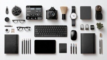 creative workspace tools arranged aesthetic composition isolated on white background