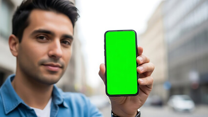 Man holding green screen smartphone outdoors in city