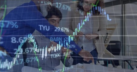 Animation of financial data processing over three diverse engineers discussing over a plan - Powered by Adobe