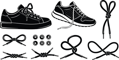 Monochrome vector art showing casual sneaker and running shoe with various shoelace tie styles and eyelets detailed from side and angled views in black and white