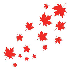 Scattered red maple leaves forming dynamic diagonal composition, minimal autumn illustration symbolizing Canada, fall season and national identity, isolated on white background
