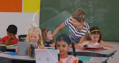 Animation of data processing and padlock over caucasian female teacher with diverse schoolchildren - Powered by Adobe