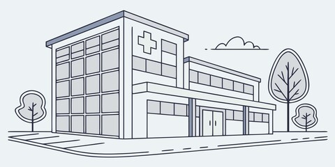 Flat vector illustration of a modern hospital building with large glass windows, a red cross sign on the facade, and a clean road in front. Minimal background with a few trees and street elements
