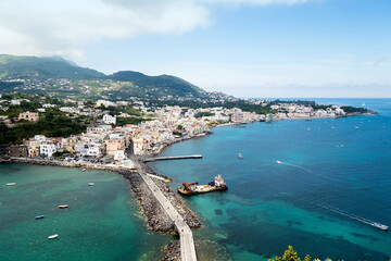 View of waterfront of Ischia Ponte from the top of the aragonese Castle, Ischia, Italy