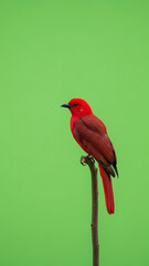 A vibrant red bird perches on a slender branch against a bright green background.