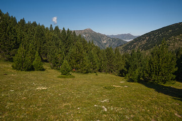 View from Tour de Carlit hiking trail in Pyrenees mountains in France