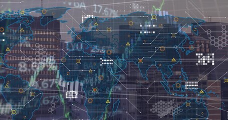 Animation of financial data processing over world map and cityscape - Powered by Adobe