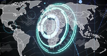 Animation of neon round scanner and network of connections against light spot over world map - Powered by Adobe