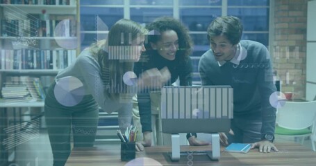 Animation of statistics and data processing over business people using laptop in office - Powered by Adobe
