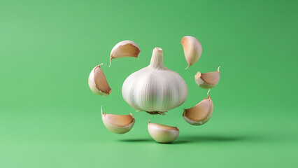 Garlic cloves are flying around a whole bulb on green background
