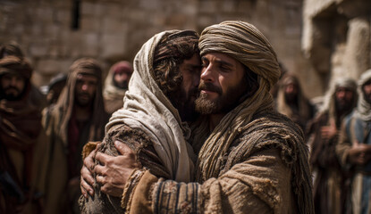 Obraz premium Biblical scene depicting jesus and james embracing in jerusalem with a group of men dressed in ancient middle eastern attire, conveying emotion and connection