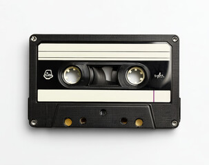 Obraz premium Black analog cassette tape with textured plastic casing and beige reels