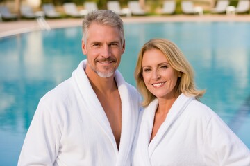 happy mature couple in white bathrobe on pool background 
