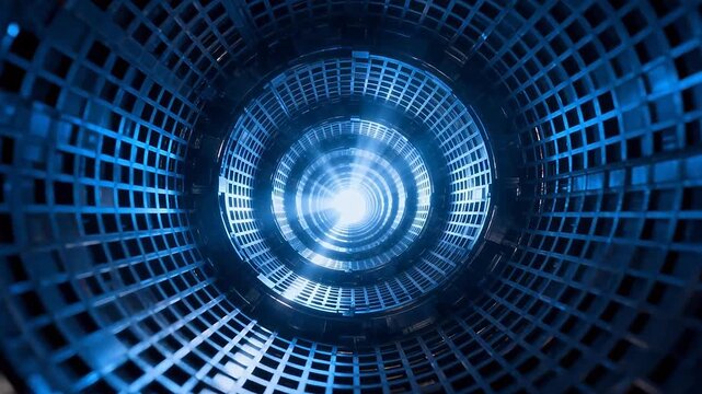 Futuristic blue tunnel with grid pattern