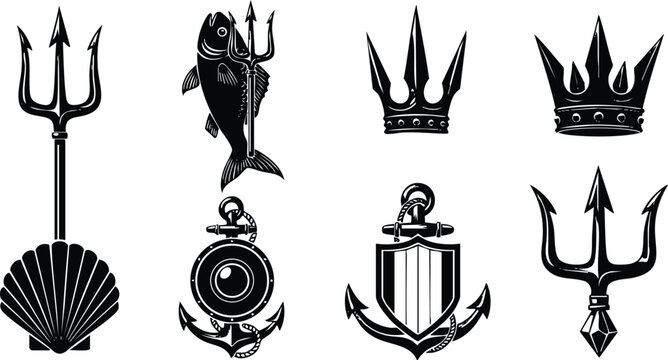 Black silhouette tridents crowns anchors fish shell shield vintage nautical symbols set in vector art style for marine design and ocean themes illustration
