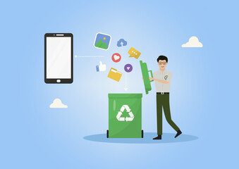 Man Deleting Smartphone Data into Recycle Bin. Man emptying digital files, photos, likes, and messages from smartphone into green recycling bin symbolizing digital cleanup. Vector illustration