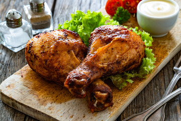 Roasted chicken drumsticks with mayonnaise on wooden table	