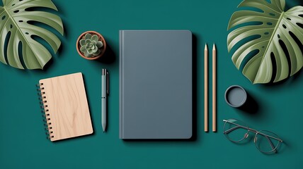 Desk Flat Lay With Notebooks Pens Pencils Succulent Plant Monstera Leaves And Glasses On Teal Background