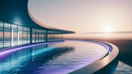 Futuristic curvilinear building with infinity pool at sunset architecture