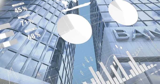 Animation of statistical data processing against low angle view of bank buildings