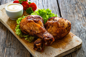 Roasted chicken drumsticks with mayonnaise on wooden table	
