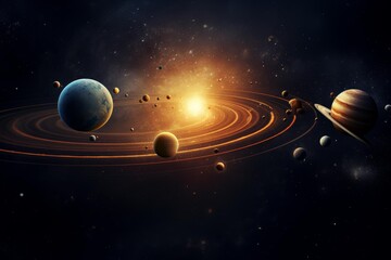 Planets rotating around a central luminous star with orbital rings in dark cosmos