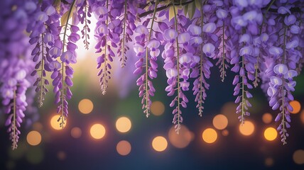 Vibrant Purple Wisteria Blooms with Golden Bokeh Lights and Greenery purple flowers cascading