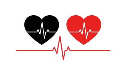 heart health concept illustration with electrocardiogram line and red black heart icons