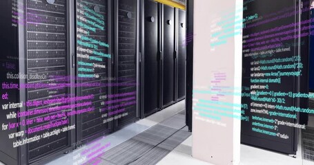 Animation of multicolored computer language over data server racks in server room - Powered by Adobe