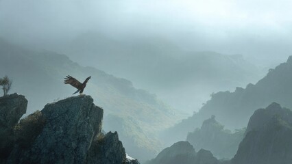 Eagle on Mountain Peak in Misty Landscape