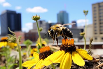 Honey bee pollinating yellow flower on a city rooftop with buildings in the background