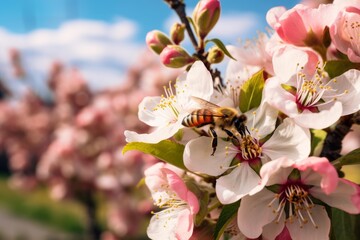 Honeybee pollinating vibrant pink and white spring blossoms on a branch