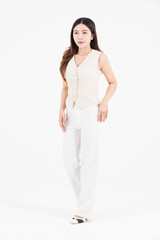 Portrait of full body attractive asian professional cheerful beautiful young woman in work shirt style long black hair smile standing posing happy confident positive on isolate white background studio